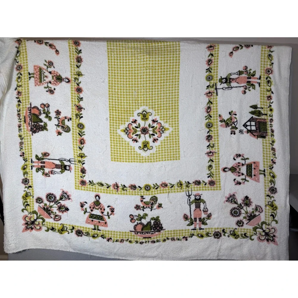 VTG Dutch Folk Art Terry Cloth Tablecloth Pink Green Gingham Farmer Rooster 70s